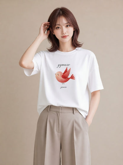 プリントTシャツ レディース 文鳥 ペット 動物 イラスト 線画 ペアコーデ 秋コーデ 白T