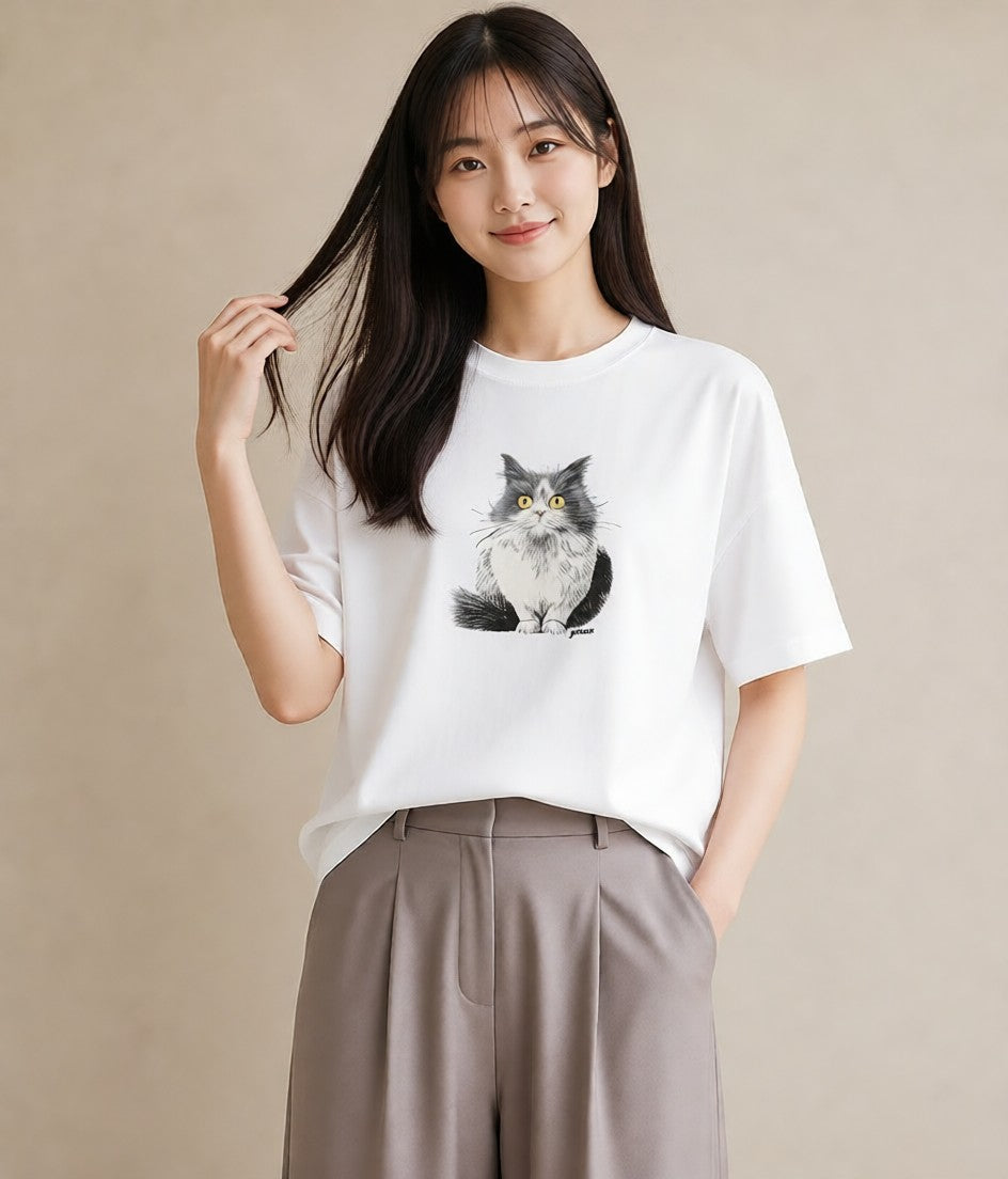 グラフィックTシャツ レディース ブリティッシュショートヘア 猫 ねこ イラスト アート風 秋コーデ おしゃれギフト 白T