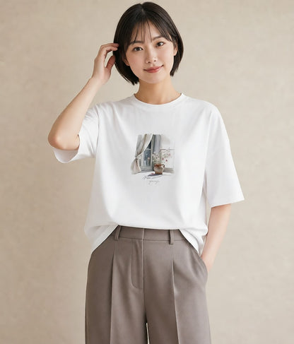 グラフィックTシャツ レディース 夕暮れ バルコニー 夕焼け ナチュラル アンティーク イラスト 韓国風 綿100 デート 白T