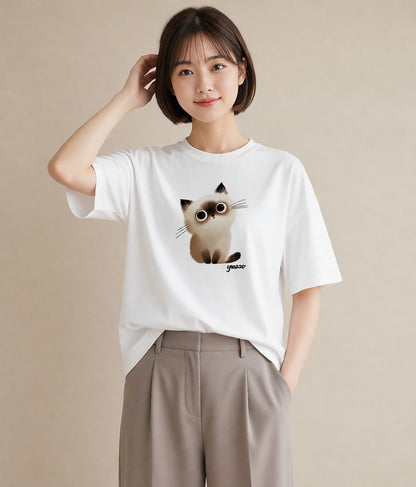 プリントTシャツ レディース 白猫 猫 ねこ イラスト お洒落 女性向けギフト 散歩 白T