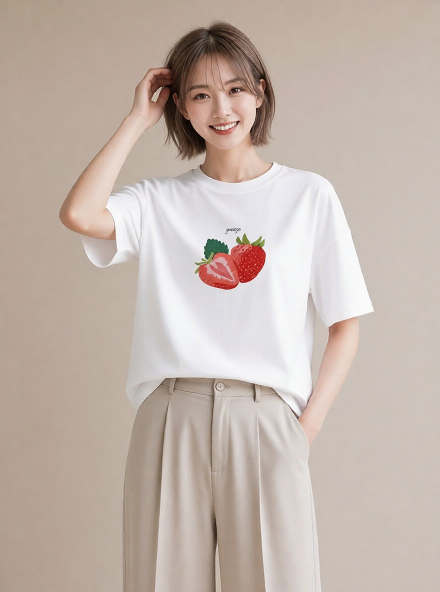 半袖Tシャツ レディース ショートケーキ 食べ物 フード イラスト ラフ レイヤード 友達ギフト 白T