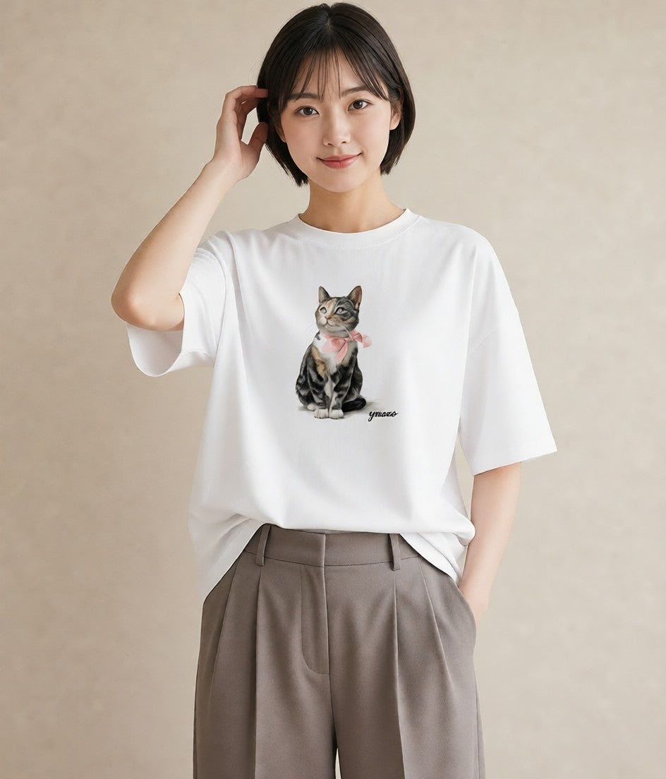 Tシャツ レディース ソマリ 猫 ねこ イラスト ラフ カジュアルコーデ 買い物 白T