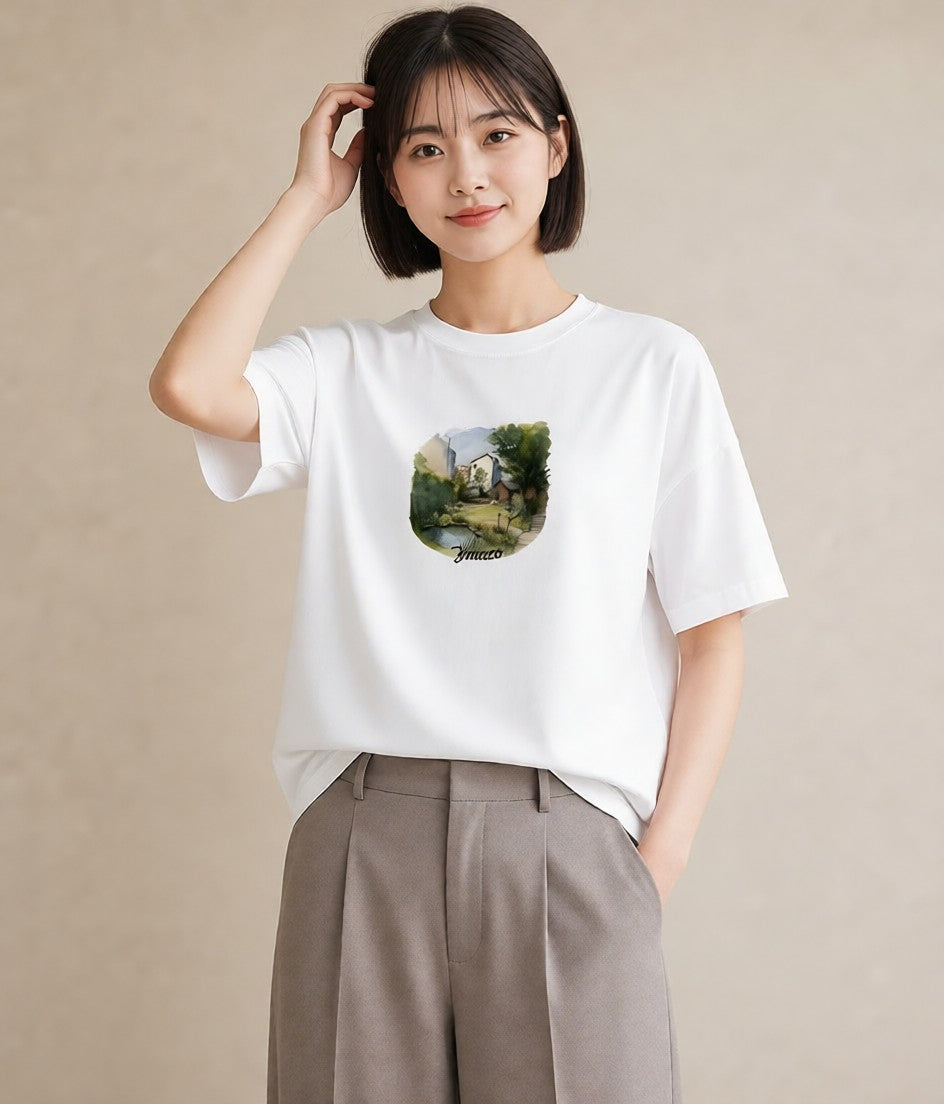 半袖Tシャツ レディース 雨上がりのベンチ ベンチ ナチュラル アンティーク イラスト 水彩風 お出かけ 普段着 白T