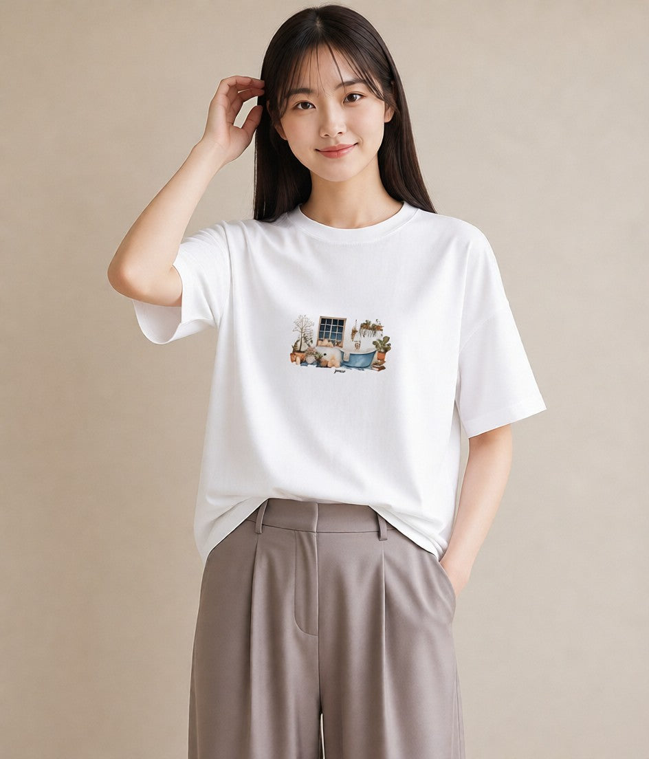 プリントTシャツ レディース 窓辺の雨 雨の日 窓 ナチュラル アンティーク イラスト お洒落 秋コーデ おしゃれギフト 白T