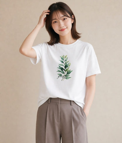 デザインTシャツ レディース 苔 植物 ボタニカル イラスト ラフカジュアル ママ カフェ服 白T