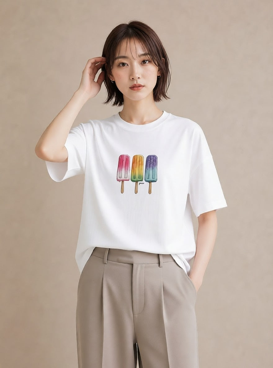 プリントTシャツ レディース マカロン 食べ物 フード イラスト アート風 カジュアルコーデ 買い物 白T