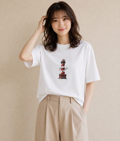 デザインTシャツ レディース 灯台 霧 海 ナチュラル アンティーク イラスト 休日コーデ 綿100 デート 白T