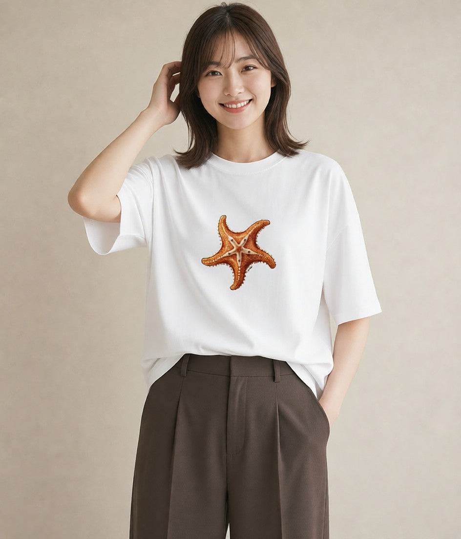 プリントTシャツ レディース ヒトデ 海の生き物 海 イラスト カフェコーデ 敬老の日 ホワイトデー 白T