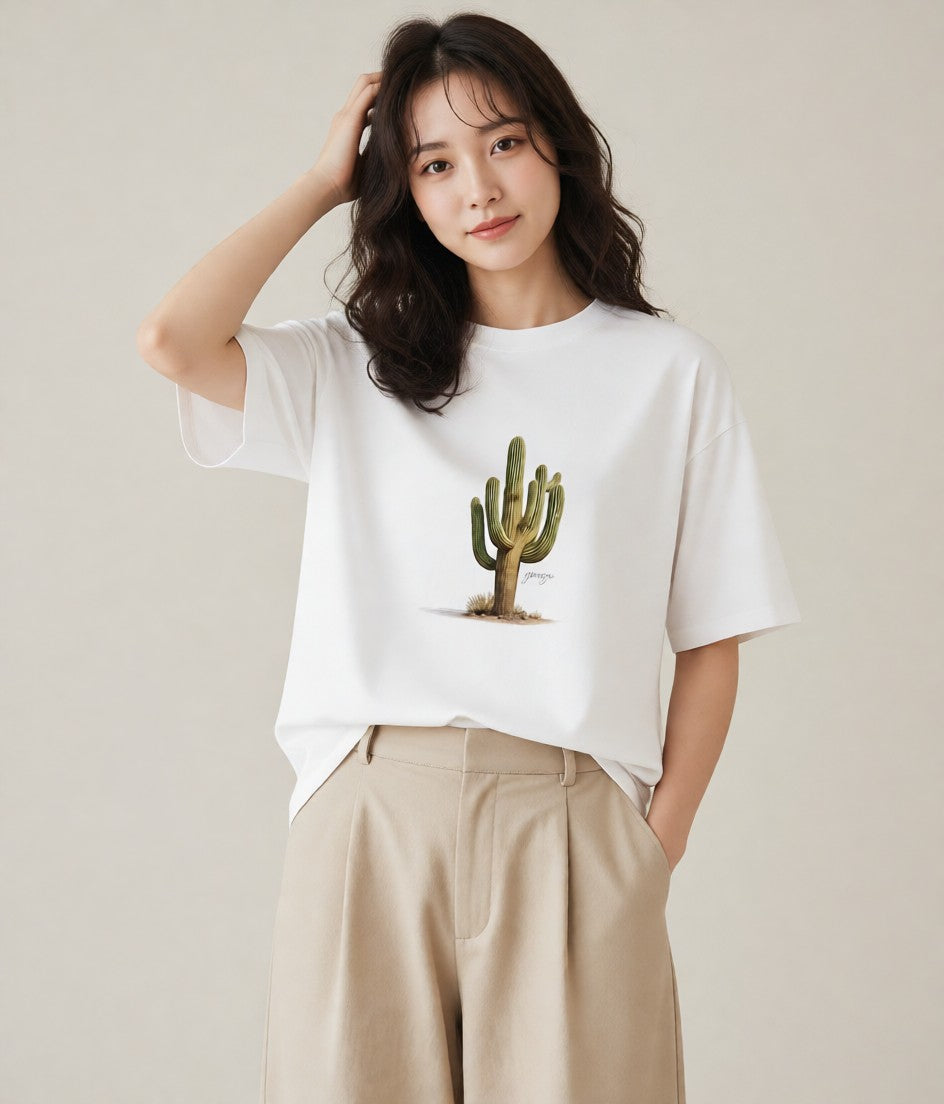 デザインTシャツ レディース サボテン 植物 ボタニカル イラスト フェミニン 買い物 夏コーデ 白T