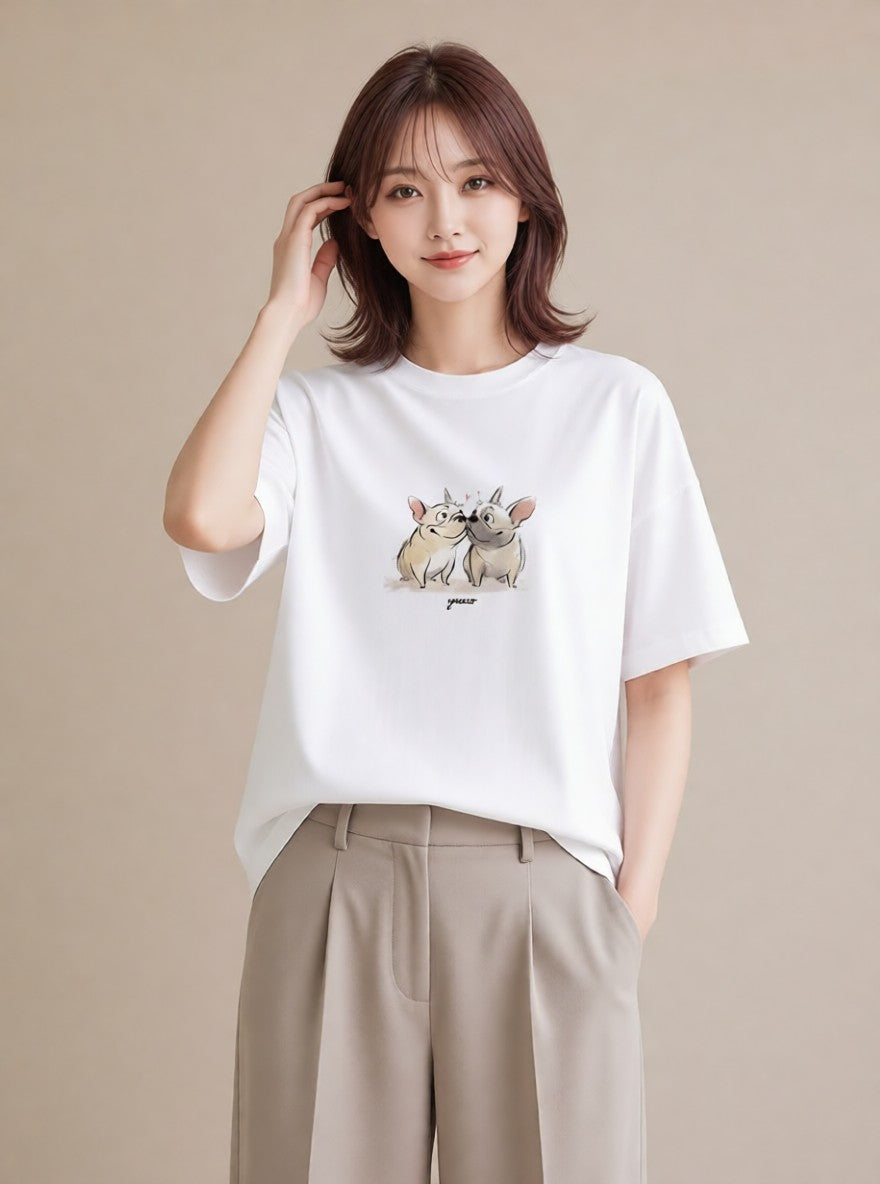 プリントTシャツ レディース フレンチブルドッグ フレブル 犬 いぬ イラスト きれいめカジュアル カジュアルコーデ 買い物 白T