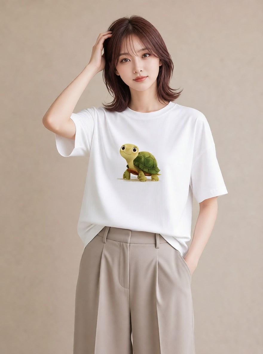 グラフィックTシャツ レディース ゼニガメ ペット 動物 イラスト きれいめ カジュアルコーデ 買い物 白T