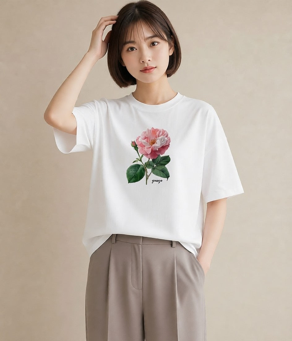 半袖Tシャツ レディース バラ 薔薇 ローズ 花 花柄 イラスト ボタニカル カフェ服 クリスマス 白T