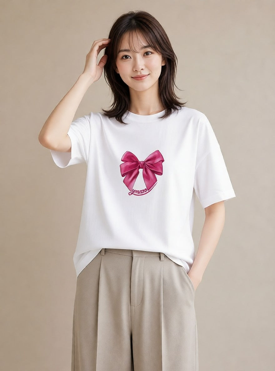 半袖Tシャツ レディース リボン 蝶結び ナチュラル アンティーク イラスト ヴィンテージ風 母の日 ビーチ 白T
