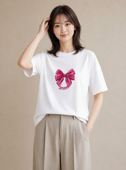 半袖Tシャツ レディース リボン 蝶結び ナチュラル アンティーク イラスト ヴィンテージ風 母の日 ビーチ 白T