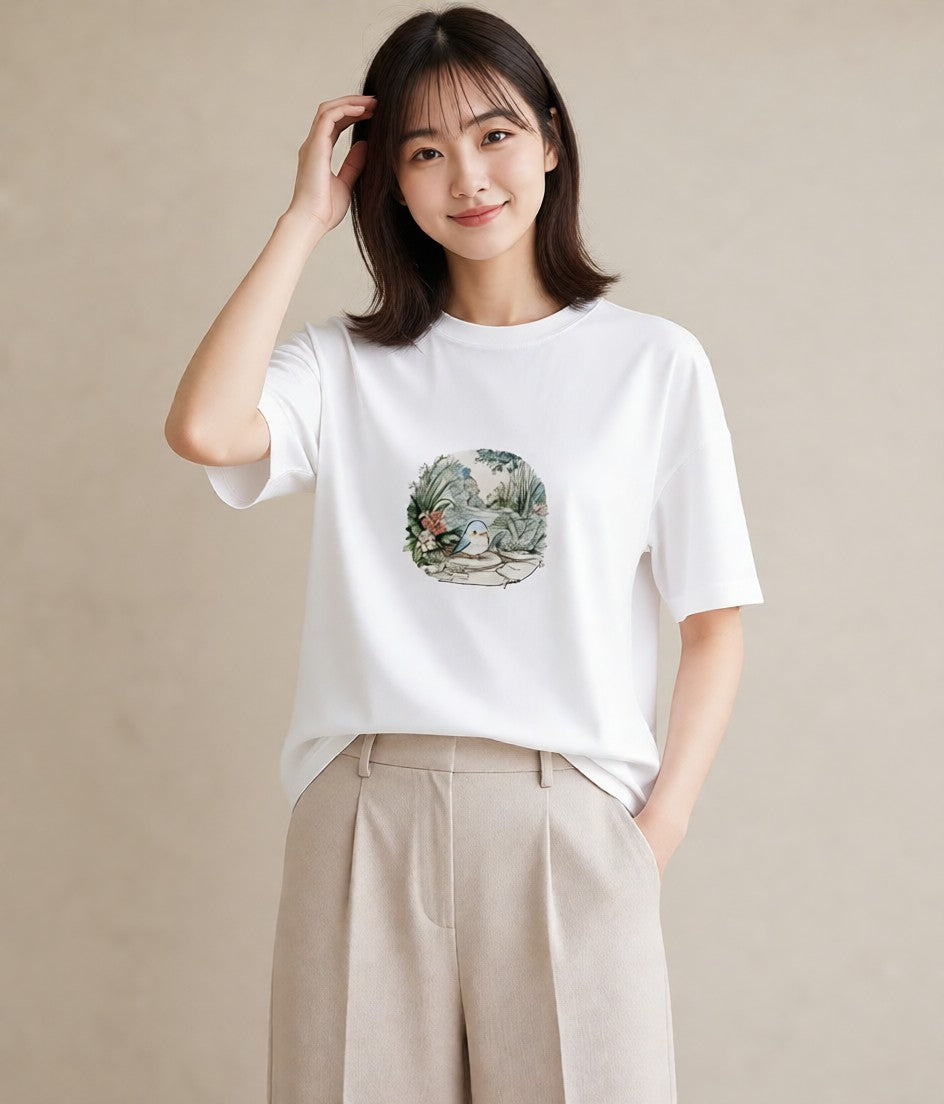 デザインTシャツ レディース 遠い家と鳥 風景 鳥 ナチュラル アンティーク イラスト ガーリー 友達ギフト 部屋着 白T