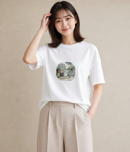 デザインTシャツ レディース 遠い家と鳥 風景 鳥 ナチュラル アンティーク イラスト ガーリー 友達ギフト 部屋着 白T