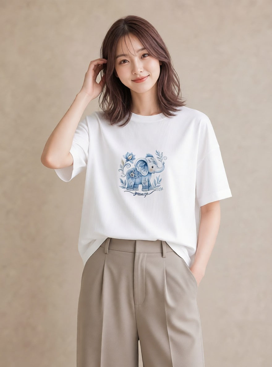 半袖Tシャツ レディース ぞう 動物 アニマル イラスト ヴィンテージ風 夏コーデ 通学 白T