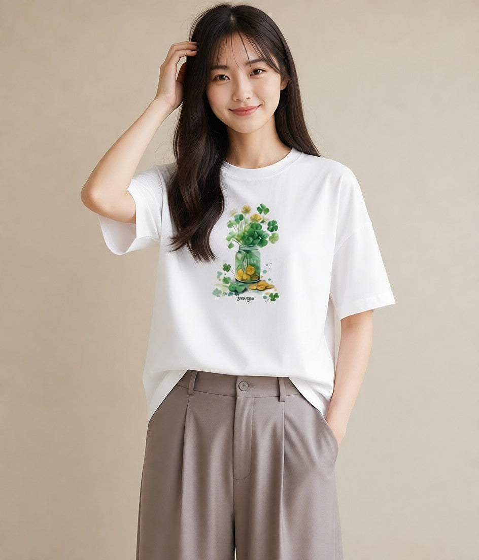 グラフィックTシャツ レディース クローバー 四つ葉 花 花柄 イラスト 旅行コーデ カフェ服 クリスマス 白T