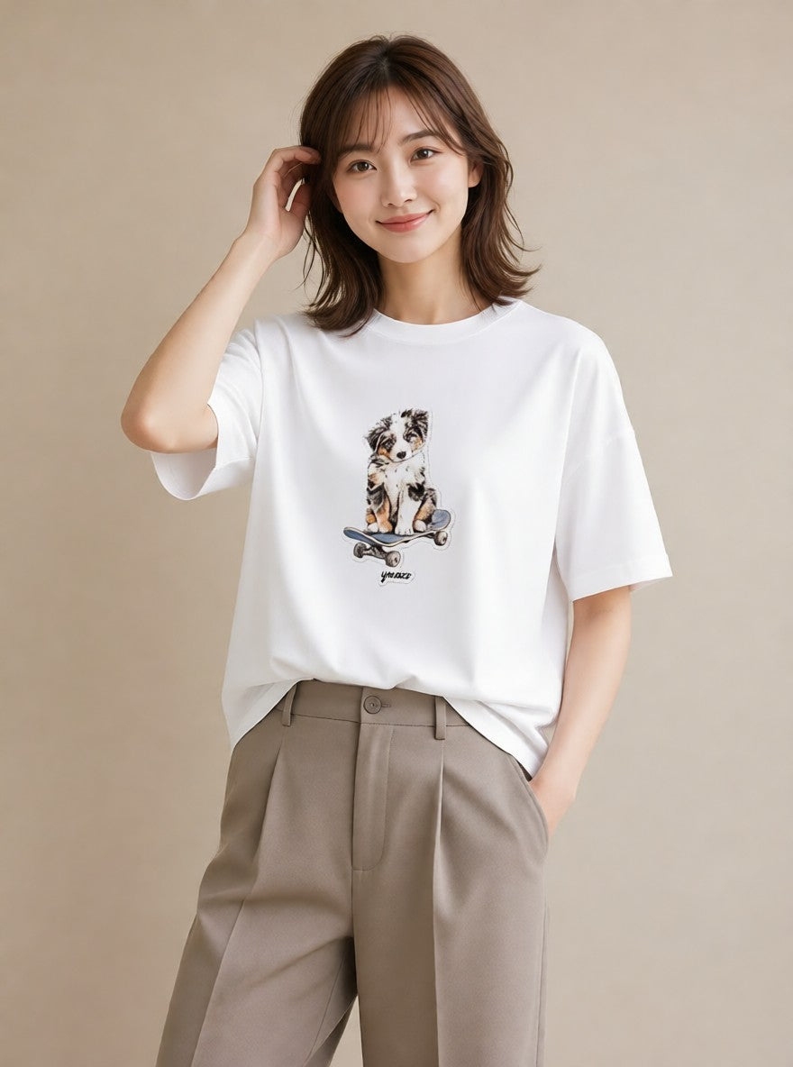プリントTシャツ レディース ボーダーコリー 犬 いぬ イラスト ヴィンテージ風 公園 ママ 白T