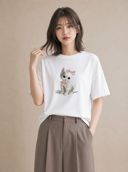 デザインTシャツ レディース 子猫 猫 ねこ イラスト 水彩風 自分用 ルームウェア 白T