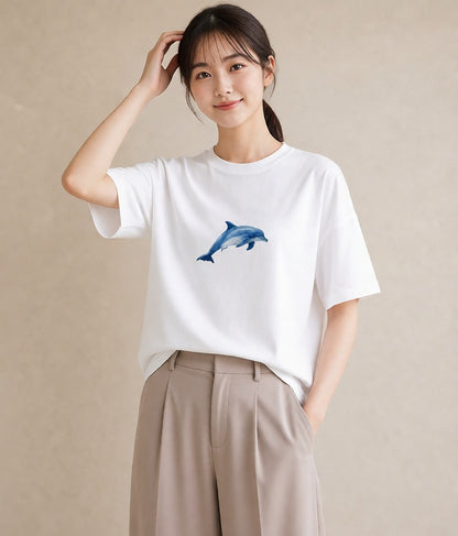 プリントTシャツ レディース シャチ 海の生き物 海 イラスト ボタニカル 春服 ミセス 白T