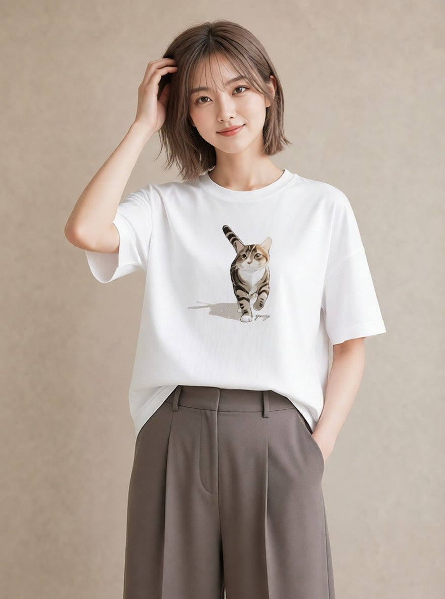 グラフィックTシャツ レディース サバトラ 猫 ねこ イラスト 普段使い クリスマス 旅行 白T