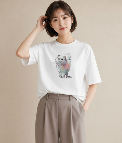 Tシャツ レディース おすわり猫 猫 ねこ イラスト モード ママ カフェ服 白T