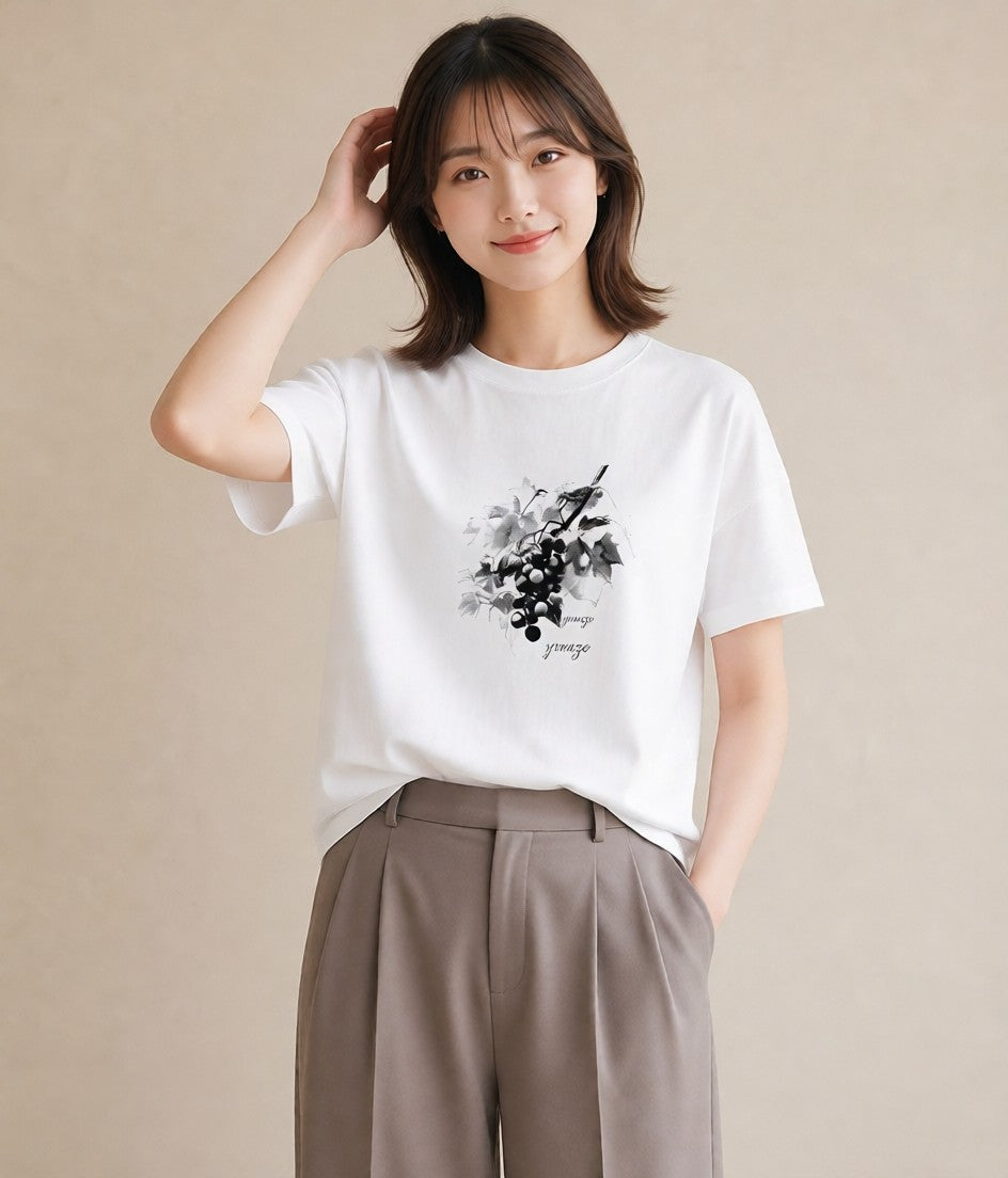 Tシャツ レディース ぶどう 葡萄 食べ物 フード イラスト ゆるコーデ ギフト 母の日 白T
