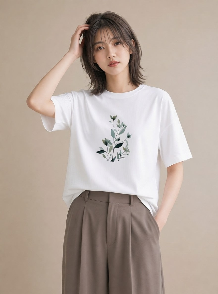 グラフィックTシャツ レディース 苔 植物 ボタニカル イラスト ユニーク 自分用 ルームウェア 白T