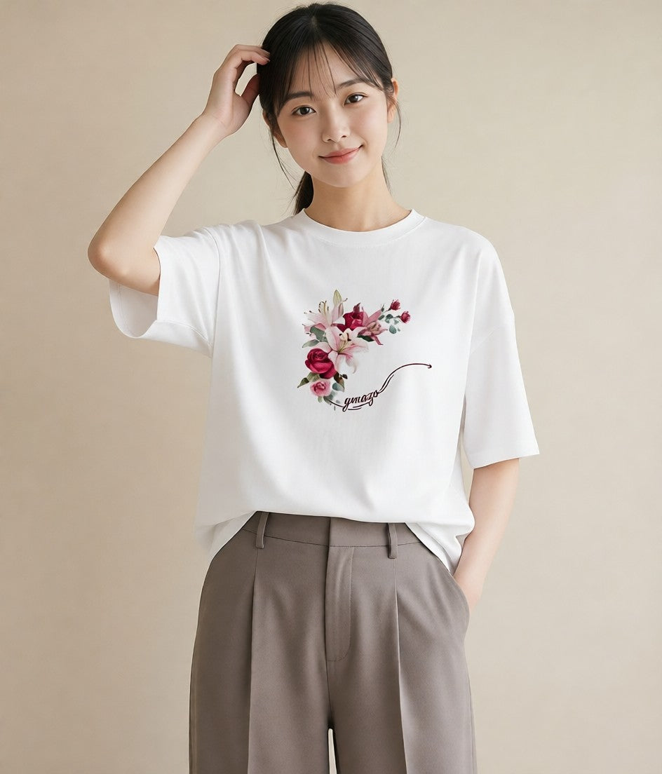 プリントTシャツ レディース ゆり 百合 花 花柄 イラスト レトロ 敬老の日 ホワイトデー 白T