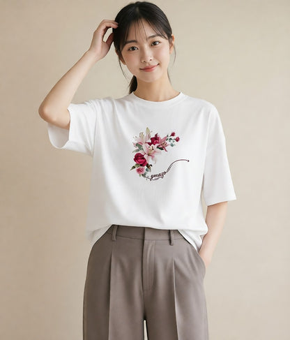 プリントTシャツ レディース ゆり 百合 花 花柄 イラスト レトロ 敬老の日 ホワイトデー 白T