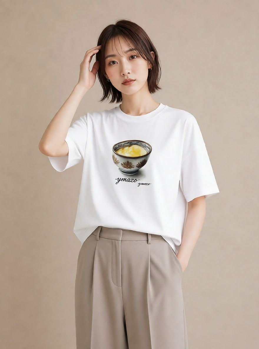 半袖Tシャツ レディース プリン 食べ物 フード イラスト 線画 旅行用 海 白T