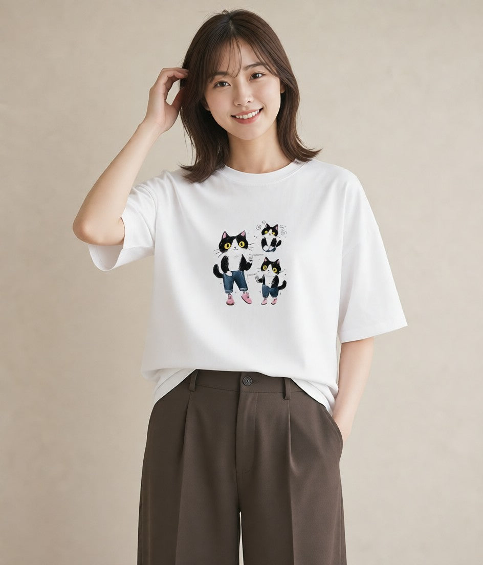 Tシャツ レディース ハチワレ 白黒猫 猫 ねこ イラスト ゆるかわ ビーチ デイリーウェア 白T