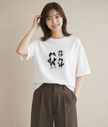 Tシャツ レディース ハチワレ 白黒猫 猫 ねこ イラスト ゆるかわ ビーチ デイリーウェア 白T
