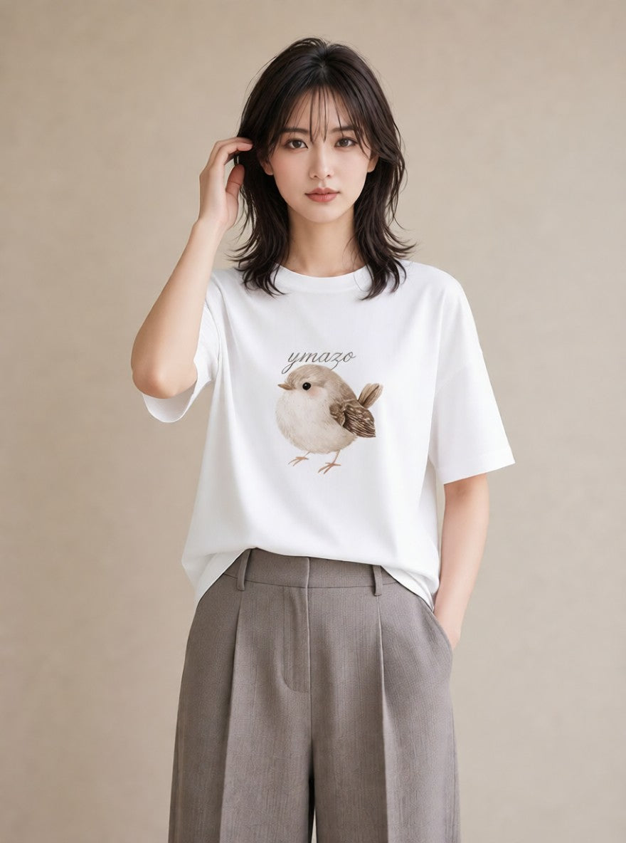 Tシャツ レディース 白文鳥 ペット 動物 イラスト アート風 レイヤード 友達ギフト 白T