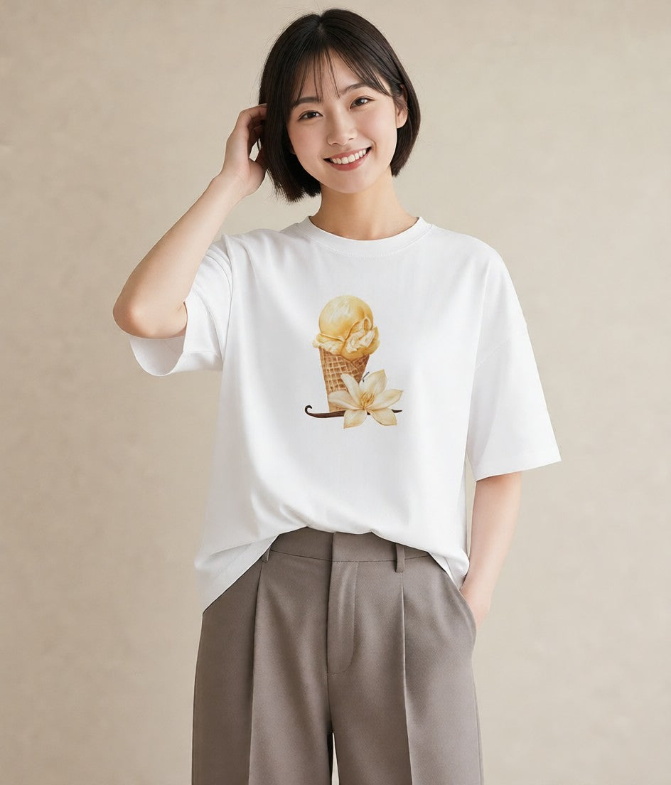 デザインTシャツ レディース ソフトクリーム 食べ物 フード イラスト 上品 デイリーウェア 休日 白T