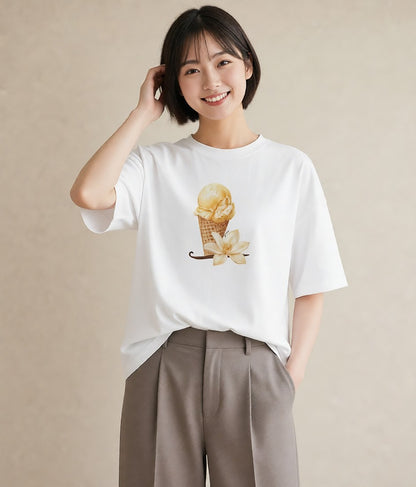 デザインTシャツ レディース ソフトクリーム 食べ物 フード イラスト 上品 デイリーウェア 休日 白T