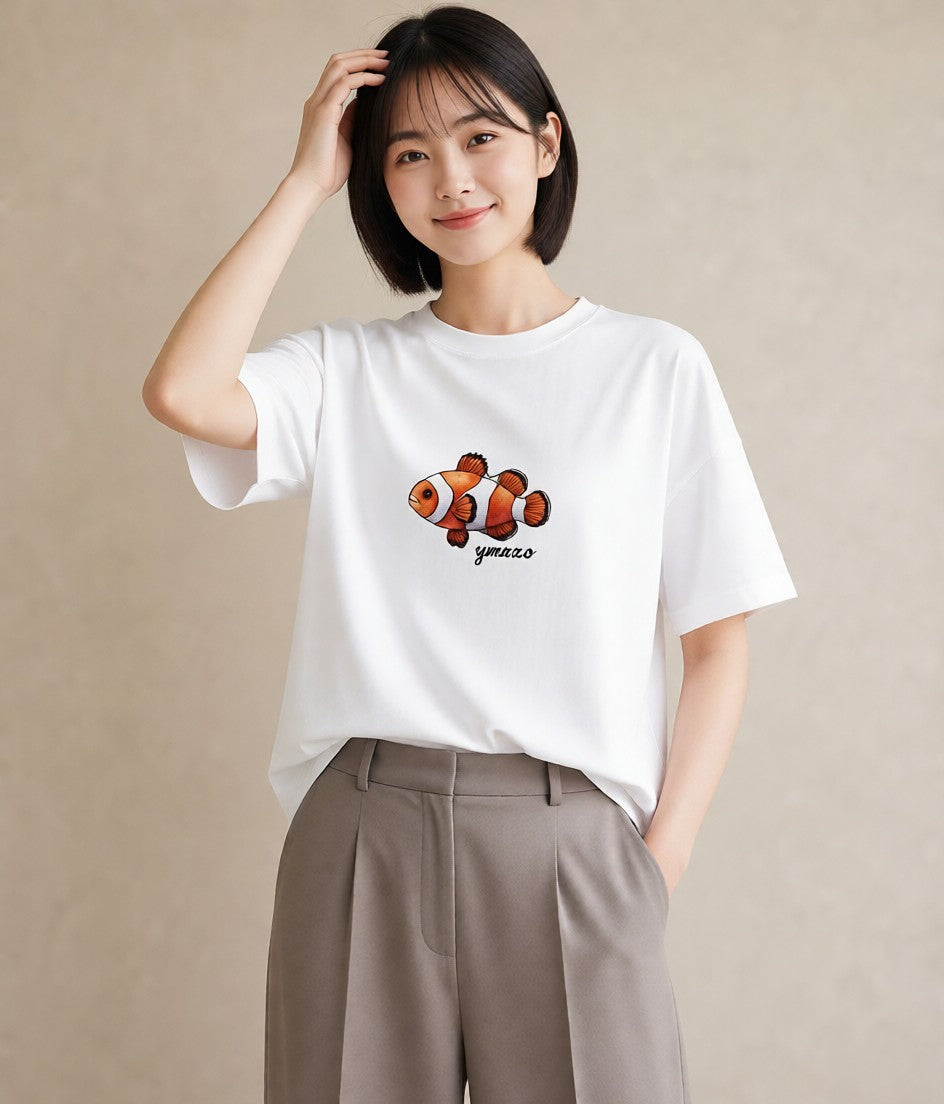 グラフィックTシャツ レディース 金魚 ペット 動物 イラスト ナチュラル ラフ レイヤード 白T