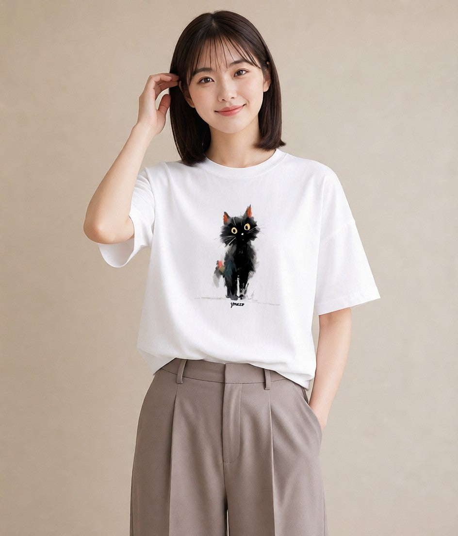プリントTシャツ レディース ブリティッシュショートヘア 猫 ねこ イラスト ラフカジュアル デイリーウェア 休日 白T