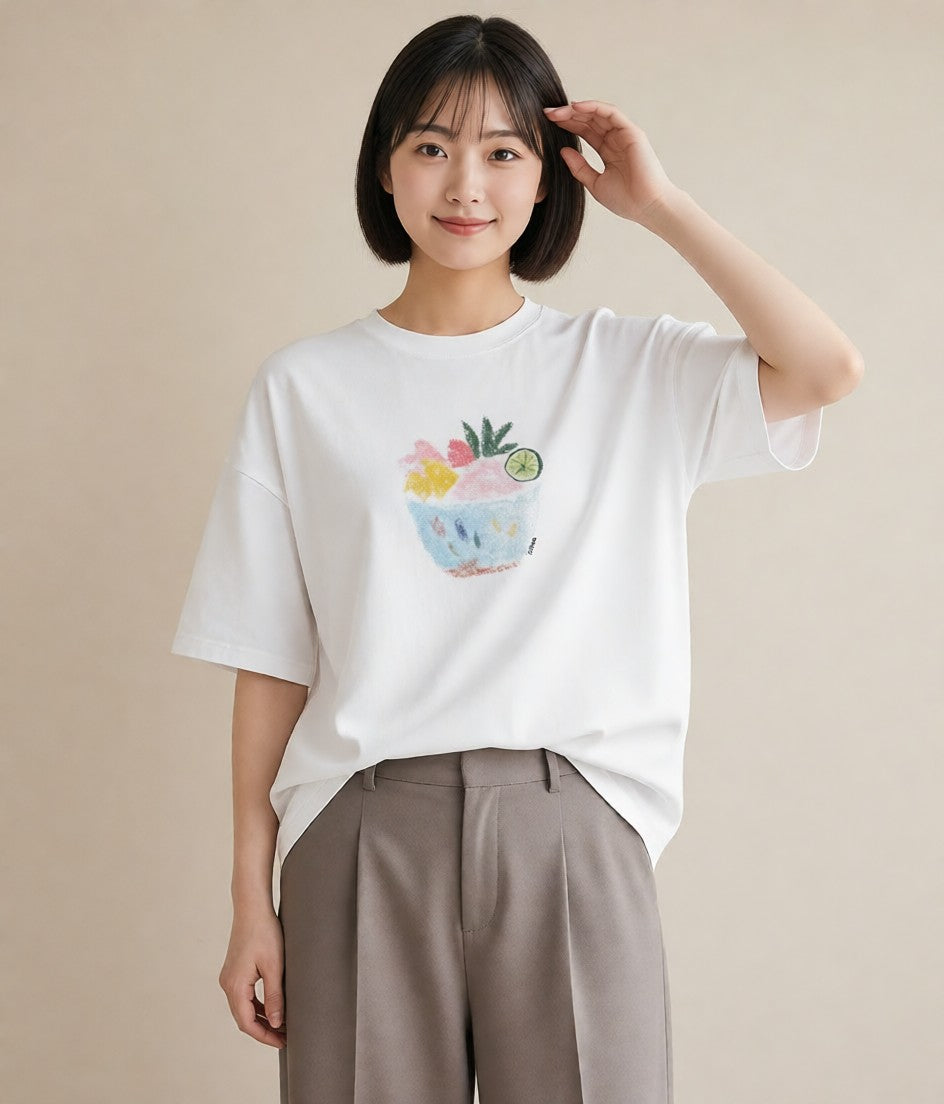グラフィックTシャツ レディース パフェ 食べ物 フード イラスト カジュアル ミセス 春コーデ 白T