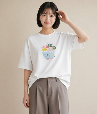 グラフィックTシャツ レディース パフェ 食べ物 フード イラスト カジュアル ミセス 春コーデ 白T