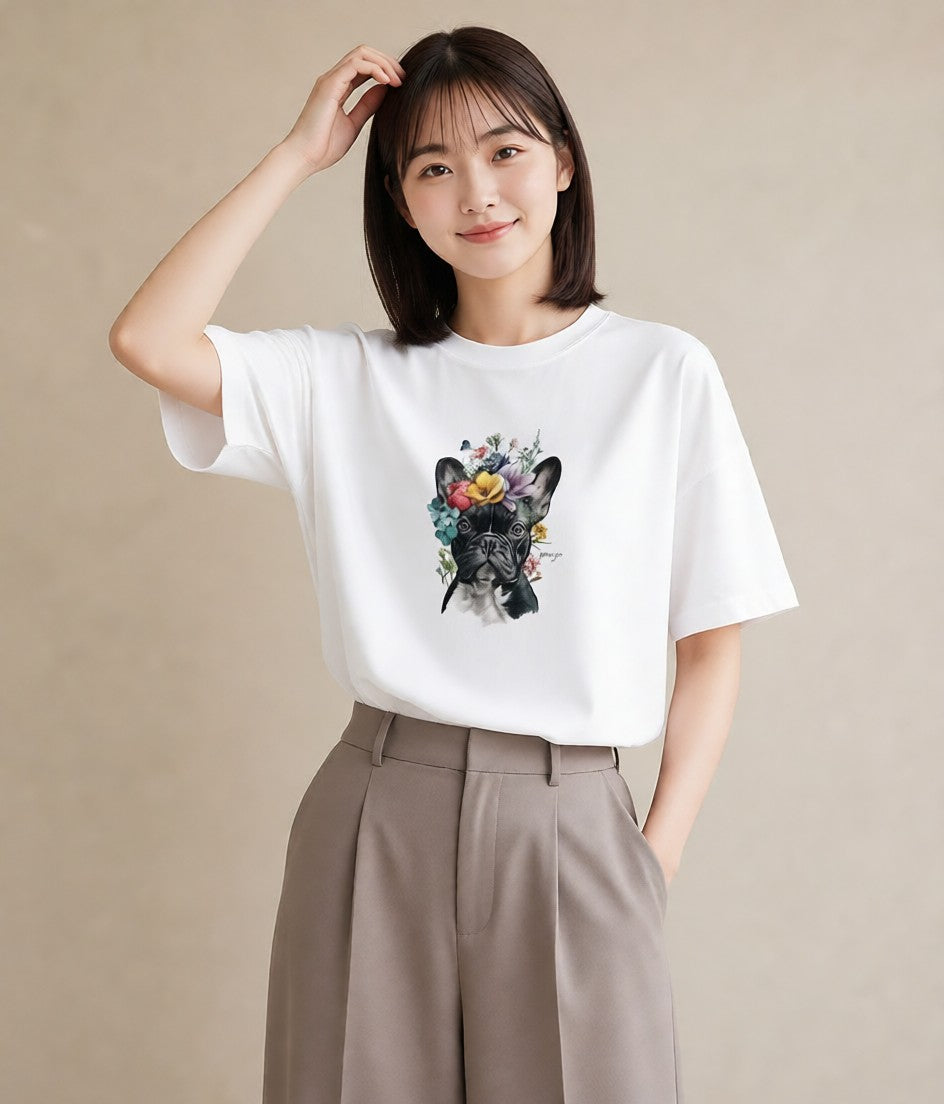 グラフィックTシャツ レディース フレンチブルドッグ フレブル 犬 いぬ イラスト 韓国風 綿100 デート 白T