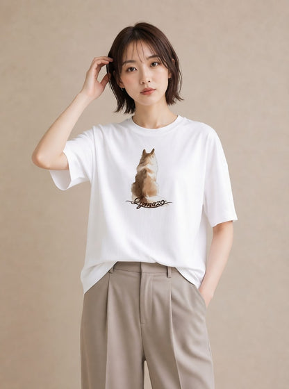 Tシャツ レディース 白猫 猫 ねこ イラスト きれいめ デート 帰省 白T