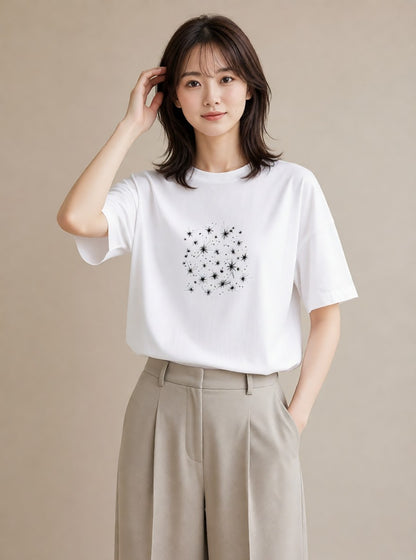 プリントTシャツ レディース 月と星 星空 ムーン イラスト 淡色 デート 帰省 白T