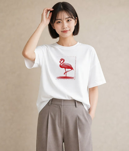 デザインTシャツ レディース フラミンゴ 動物 アニマル イラスト 上品 買い物 夏コーデ 白T