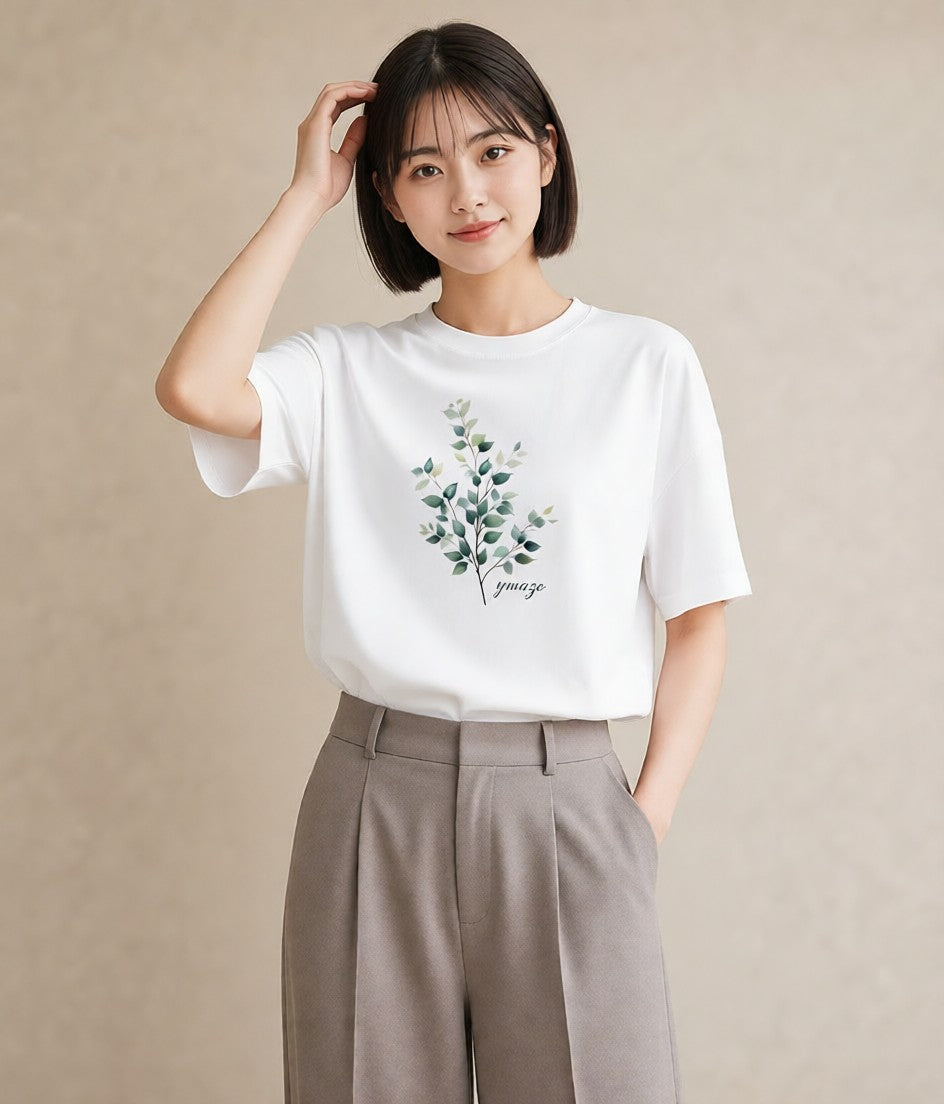 デザインTシャツ レディース 葉っぱ 植物 ボタニカル イラスト ニュアンス ビーチ デイリーウェア 白T