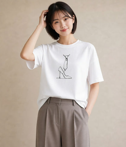 Tシャツ レディース バレエシューズ バレエ トウシューズ ナチュラル アンティーク イラスト 線画 カフェ巡り 女子会 白T