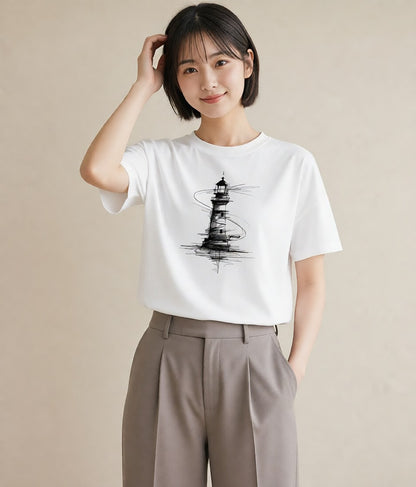 デザインTシャツ レディース 灯台 霧 海 ナチュラル アンティーク イラスト 上品 夏コーデ 通学 白T