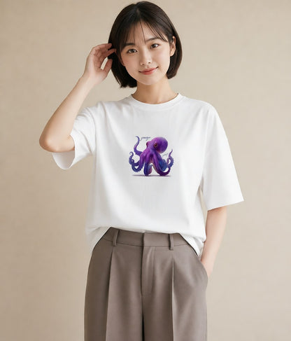 プリントTシャツ レディース イカ 海の生き物 海 イラスト 普段使い 旅行 母娘コーデ 白T