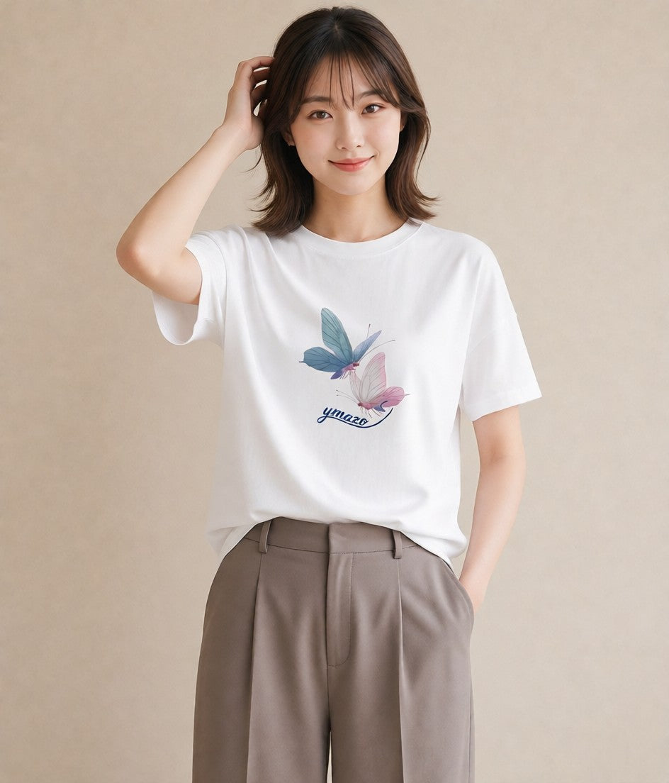 半袖Tシャツ レディース ちょうちょ 蝶 バタフライ 昆虫 虫 イラスト カフェコーデ 送別ギフト 通勤 白T